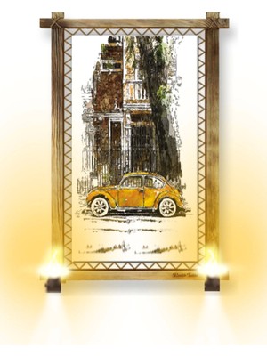 Marsilyan Teknoo- Rustik Işıklı Sarı Araba Kanvas Rustik Tablo B