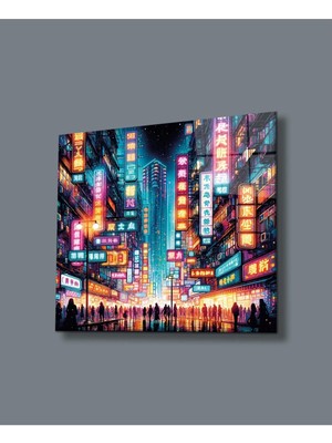 Marsilyan Teknoo- Neon Şehir Gece Yansımaları Cam Tablo Hediyelik Büyük Tablo Ev Ofis Dekoru