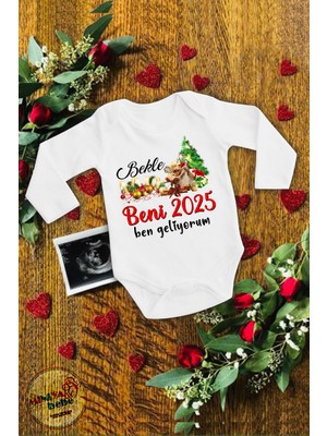 Miniya Bebe Bekle Beni Yeni Yıl Ben Geliyorum Baskılı Unisex Uzun Kol Christmas Zıbın