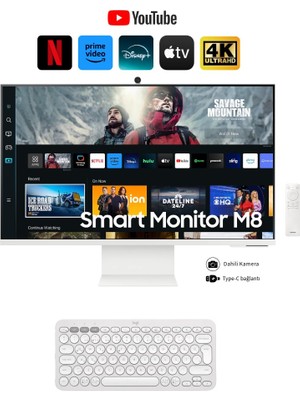 Samsung Airplay Desteği Apple-Android Kablosuz Bağlantı 32 Inç 4K Akıllı-Smart Monitör Tv M8 M80C Beyaz Slim Tasarım Premium Gövde+ Logitech Kablosuz Klavye