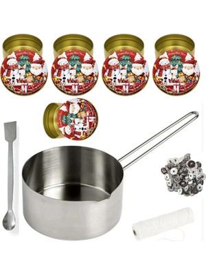 Yılbaşı Mum Yapım Seti Mum Eritme Kabı 750 ml Karıştırma Kaşığı Fitil Tutacağı Mum Kabı 5li Tavşanlı