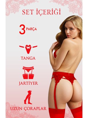 Seksi Dantel Fantezi Jartiyer Takımı - 3 Parçalı Alt Iç Giyim Seti, Esnek Sexy Dantel Fantazi Takım