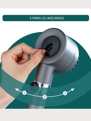 FAWER Faucet & Shower Filtreli 3 Fonksiyonlu Yüksek Basınçlı Taraklı Start Stop Gri Banyo Duş Başlığı