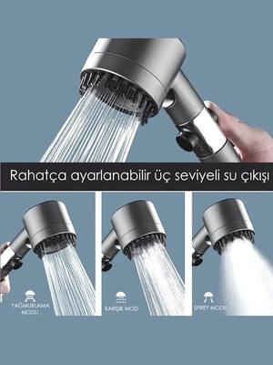 FAWER Faucet & Shower Filtreli 3 Fonksiyonlu Yüksek Basınçlı Taraklı Start Stop Gri Banyo Duş Başlığı