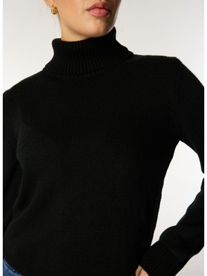 Limon Balıkçı Yaka Düz Düz Siyah Kazak Kadın ML4WL-KZK9008