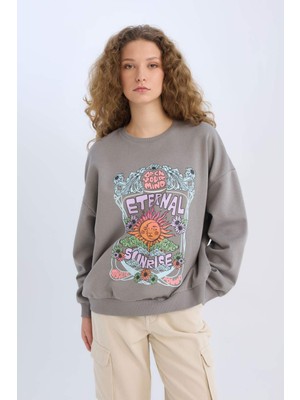 DeFacto Loose Fit Bisiklet Yaka Baskılı Kalın Sweatshirt E1481AX24WN