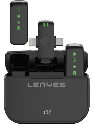 Lenyes LM203 2in1 Type-C ve Lightning Portlu Kablosuz Yaka Mikrofonu Siyah