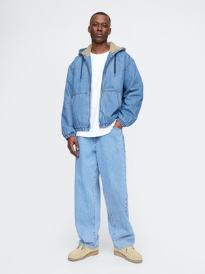 Gap Erkek Mavi Oversize Sherpa Fermuarlı Denim Ceket