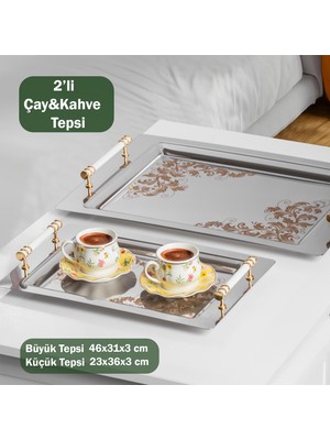 Porsima Yüzük 2li Paslanmaz Çelik Gümüş Kahve Tepsisi Gold Beyaz Desenli Dekoratif Servis Sunum Tepsisi
