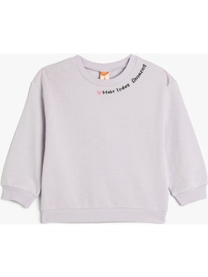 Koton Sweatshirt Uzun Kollu Slogan Baskılı Bisiklet Yaka Şardonlu Pamuklu