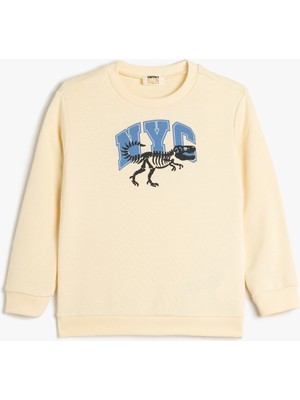 Koton Sweatshirt Dinozor Baskılı Bisiklet Yaka Uzun Kollu