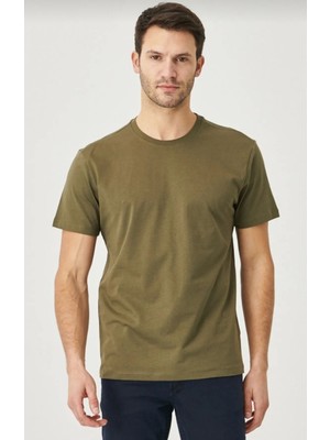 Erkek %100 Pamuk Slim Fit Dar Kesim Bisiklet Yaka Kısa Kollu Haki