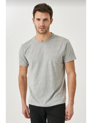 Erkek %100 Pamuk Slim Fit Dar Kesim Bisiklet Yaka Kısa Kollu Gri