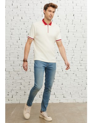 AC&Co / Altınyıldız Classics Erkek Ekru Bordo Regular Fit Rahat Kesim Polo Yaka %100 Pamuk Tişört