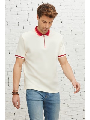 AC&Co / Altınyıldız Classics Erkek Ekru Bordo Regular Fit Rahat Kesim Polo Yaka %100 Pamuk Tişört