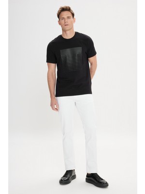 AC&Co / Altınyıldız Classics Erkek Siyah Slim Fit Dar Kesim Bisiklet Yaka Pamuklu Baskılı Tişört