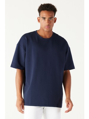 Altınyıldız Classics Erkek Lacivert Oversize Bol Kesim Bisiklet Yaka Kalın Dokulu Sweatshirt Tişört