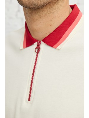 AC&Co / Altınyıldız Classics Erkek Ekru Bordo Regular Fit Rahat Kesim Polo Yaka %100 Pamuk Tişört