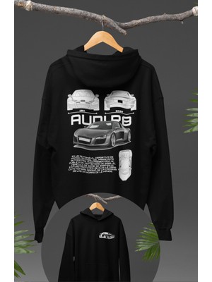 Fuddy Moda Oversize Audi R8 Sırt Baskılı Kapüşonlu Sweatshirt, Unisex Yarış Araba Temalı Hoodie