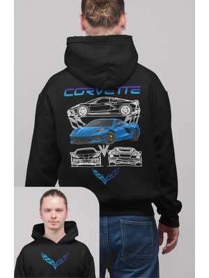 Fuddy Moda Oversize Corveette Sırt Baskılı Kapüşonlu Sweatshirt, Unisex Yarış Araba Temalı Hoodie