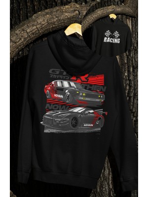 Fuddy Moda Oversize Nis-San Gtr Sırt Baskılı Kapüşonlu Sweatshirt, Unisex Yarış Araba Temalı Hoodie