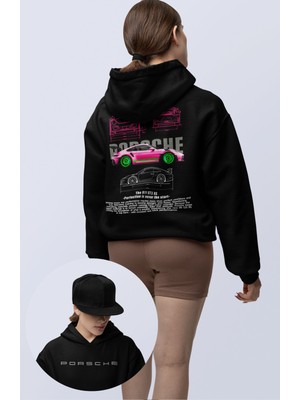 Fuddy Moda Oversize Pembe Porsche 911 Gt3  Sırt Baskılı Kapüşonlu Sweatshirt, Unisex Yarış Araba Temalı Hoodie