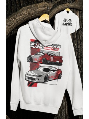Oversize Racing Yazılı Sırt Baskılı Kapüşonlu Sweatshirt, Unisex Yarış Araba Temalı Hoodie