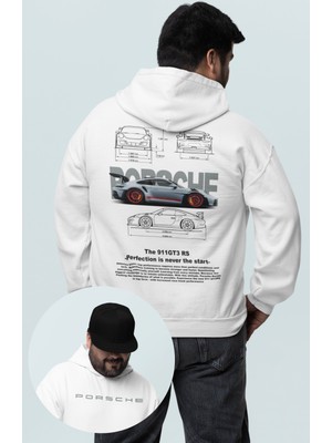Oversize Gri Porsche 911 Gt3 Rs Sırt Baskılı Kapüşonlu Sweatshirt, Unisex Yarış Araba Temalı Hoodie