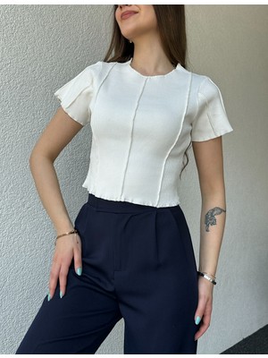 Dikişli Kaşkorse Crop-Ekru