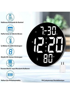 Alfalink Dijital Modern 12INÇ LED Duvar Dijital Saat Sıcaklık Nem Alarm Kumandalı