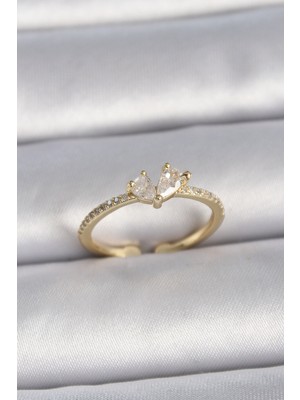 Stil Love Pirinç Gold Renk Ayarlanabilir Zirkon Taşlı Kalp Model Kadın Yüzük