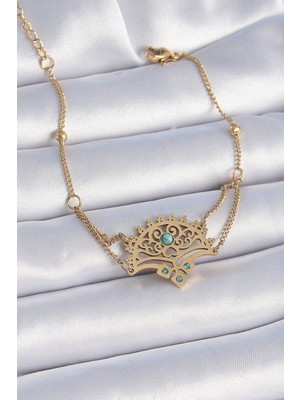 Stil Love 316L Çelik Gold Renk Mavi Taşlı Etnik Desen Kadın Bileklik