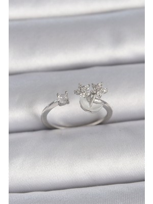 Stil Love Pirinç Gümüş Renk Ayarlanabilir Zirkon Taşlı Yıldız Model Kadın Yüzük