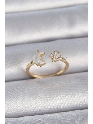 Stil Love Pirinç Gold Renk Incili Hilal Zirkon Taşlı Yıldız Ayarlanabilir Model Kadın Yüzük