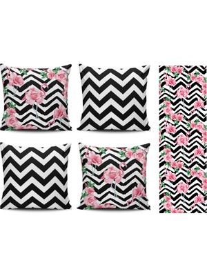 Alkan Homes Flamingo Desenli 4lü Kombin Kırlent Kılıfı+Runner