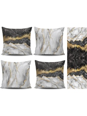 Alkan Homes Mermer Desenli 4lü Kombin Kırlent Kılıfı+Runner