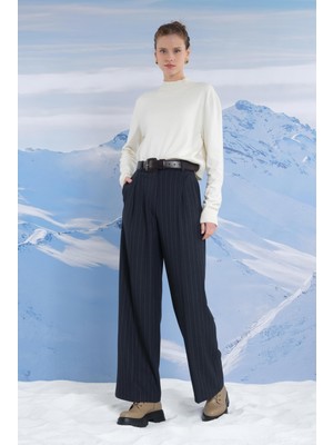 Geniş Paça Çizgili Pantolon Koyu Lacivert