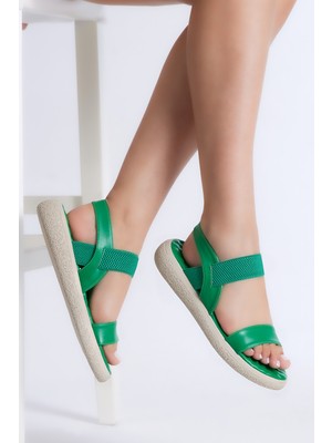 Kadın Yeşil Cilt Tek Bantlı Lastikli Sandalet
