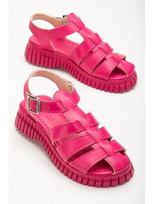 Tonny Black Kadın Fuşya Kalın Poli Taban Bilekten Bağlamalı Üç Bantlı Sandalet