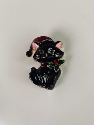 Pink Noel Baba Şapkalı Siyah Kedi Broş Hediyelik 4x2 cm