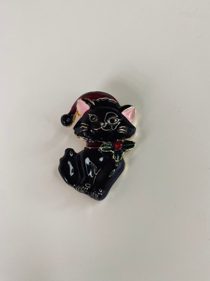 Pink Noel Baba Şapkalı Siyah Kedi Broş Hediyelik 4x2 cm