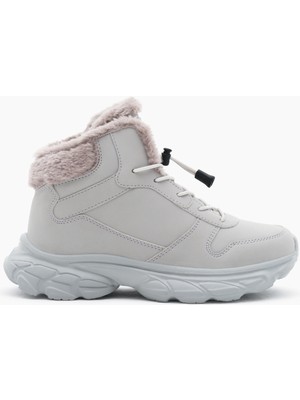 Tonny Black Çocuk Unisex Gri Faylon Taban Içi Kürklü Lastik Bağcıklı Bot