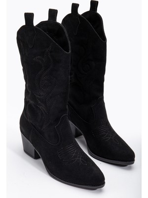 Kadın Siyah Siyah Termo Taban Nakışlı Sivri Burunlu Western Uzun Kovboy Bot