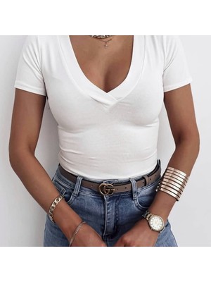 V Yaka Dekolte Bluz- Beyaz