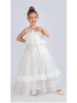 Mnk Baby & Kids Uzun Etekli , Askılı Kız Cocuk Gül Motif Abiye Elbise M00670