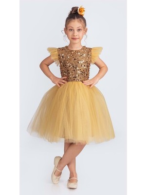 Mnk Baby & Kids Küpeli Pul Payet Tüllü Kız Çocuk Elbise MNK0526