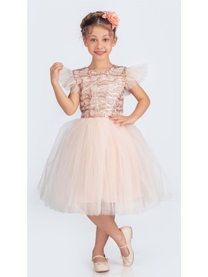 Mnk Baby & Kids Küpeli Pul Payet Tüllü Kız Çocuk Elbise MNK0526
