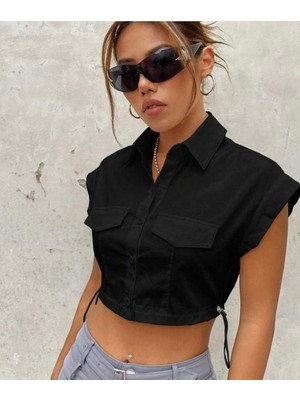 Kadın Crop Gömlek Belden Ayar Detay