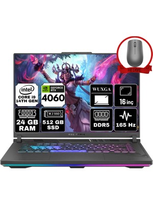 Asus Rog Strıx G16 Intel Core I9-14900HX 24GB 512GB SSD RTX4060/8GB 16" Wuxga 165Hz Freedos Taşınabilir Bilgisayar G614JVR-N3096-A9 & Anzar Mouse