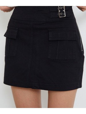 Likralı Gabardin Mini Kargo Yan Fermuar Kadın Etek - Siyah